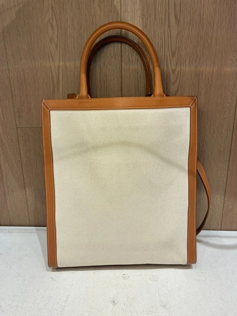 Celine Cream Canvas Tote with Tan Leather Trim